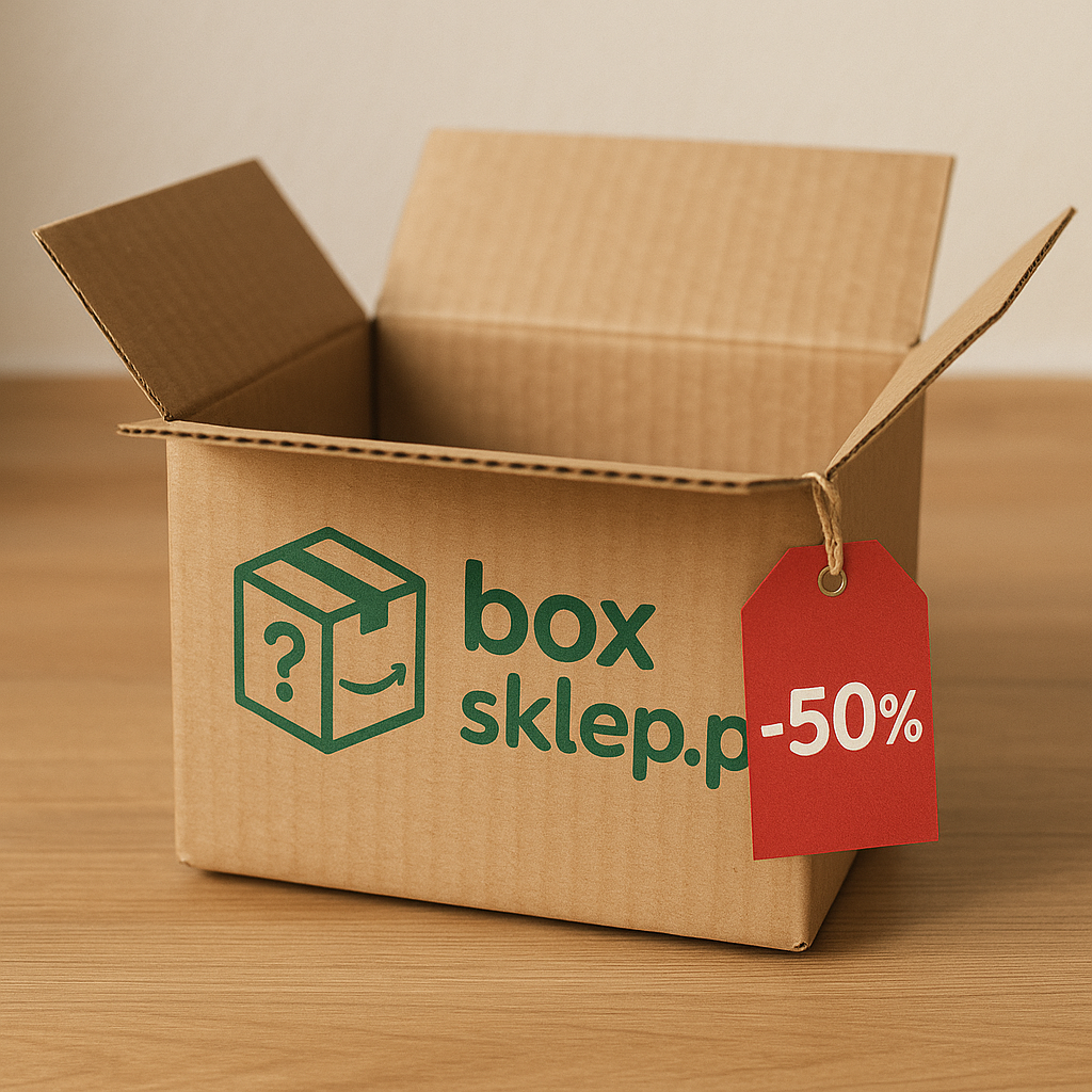 Karton z logiem sklepu box.sklep.pl oraz zawieszką promocyjną boxy amazon -50%