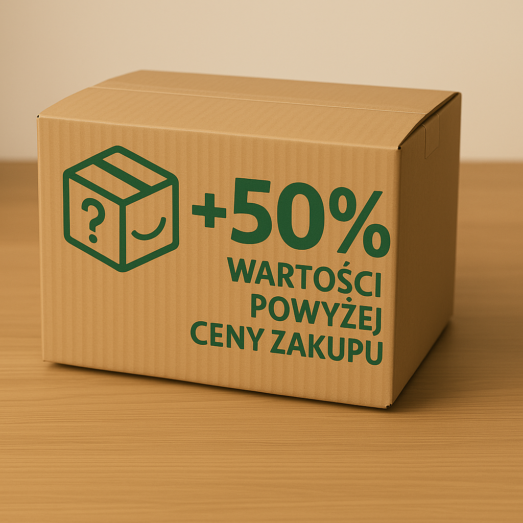 Mystery box Allegro z napisem +50% wartości powyżej ceny zakupu od box.sklep.pl