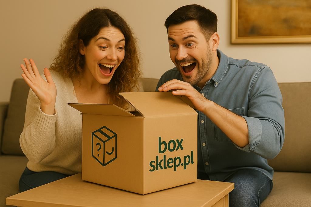 Zachwycona para rozpakowuje mystery box Allegro z box.sklep.pl
