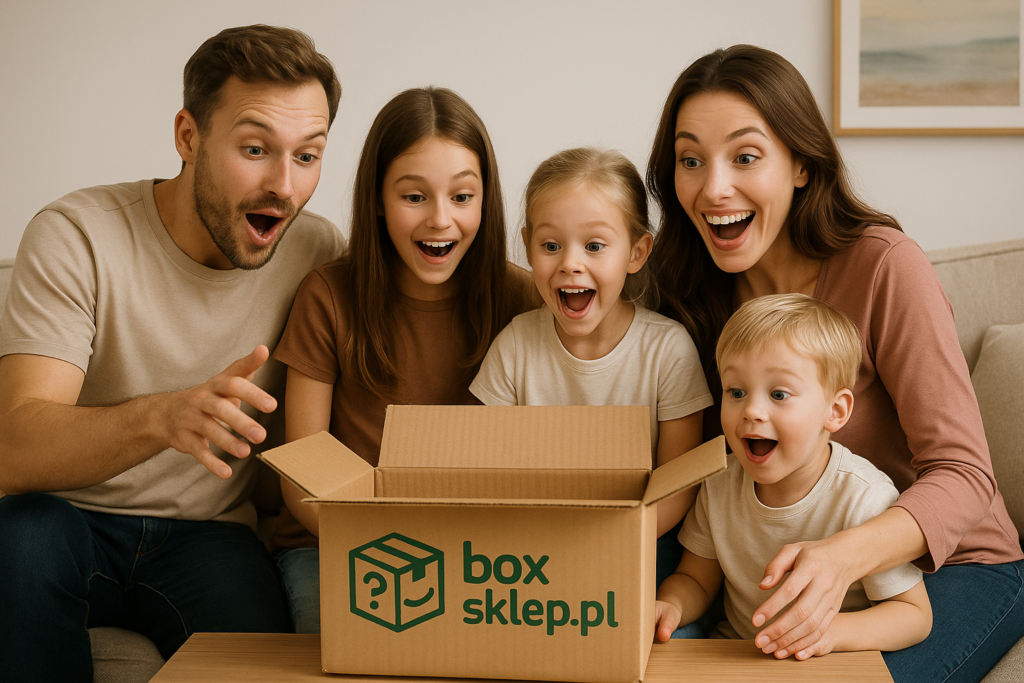 Szczęśliwa rodzina rozpakowuje mystery box Amazon z box.sklep.pl, pełna ekscytacji i radości